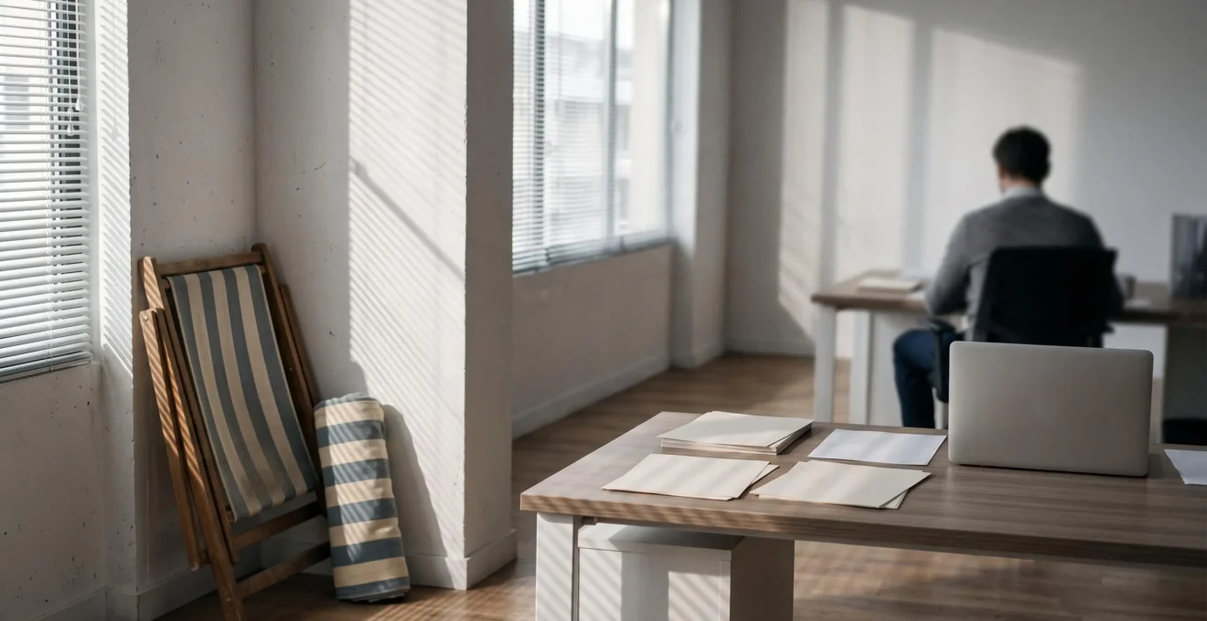 Employé de bureau français hésitant devant une chaise de plage pliée rangée dans un coin de son bureau, symbolisant les congés non pris sous pression managériale