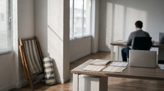 Employé de bureau français hésitant devant une chaise de plage pliée rangée dans un coin de son bureau, symbolisant les congés non pris sous pression managériale