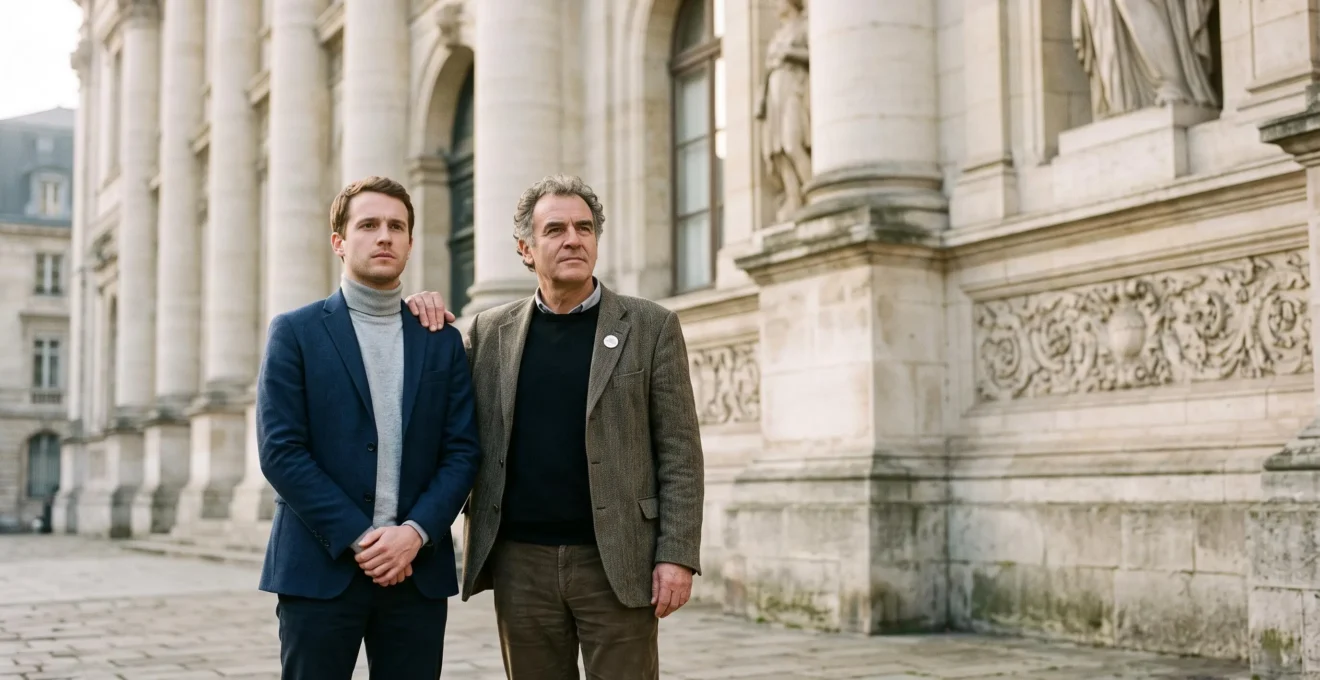 Un salarié accompagné d'un représentant syndical se tenant avec assurance devant un palais de justice français