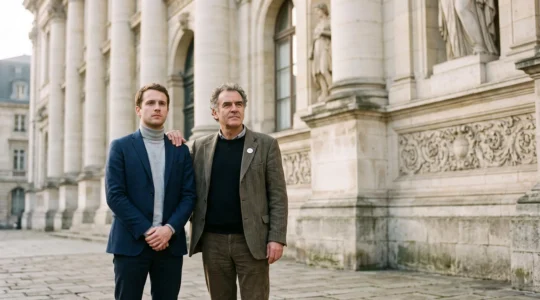 Un salarié accompagné d'un représentant syndical se tenant avec assurance devant un palais de justice français