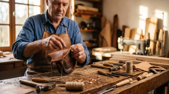 Artisan français façonnant avec précision un objet unique dans un atelier lumineux, symbolisant une stratégie de marque sur-mesure