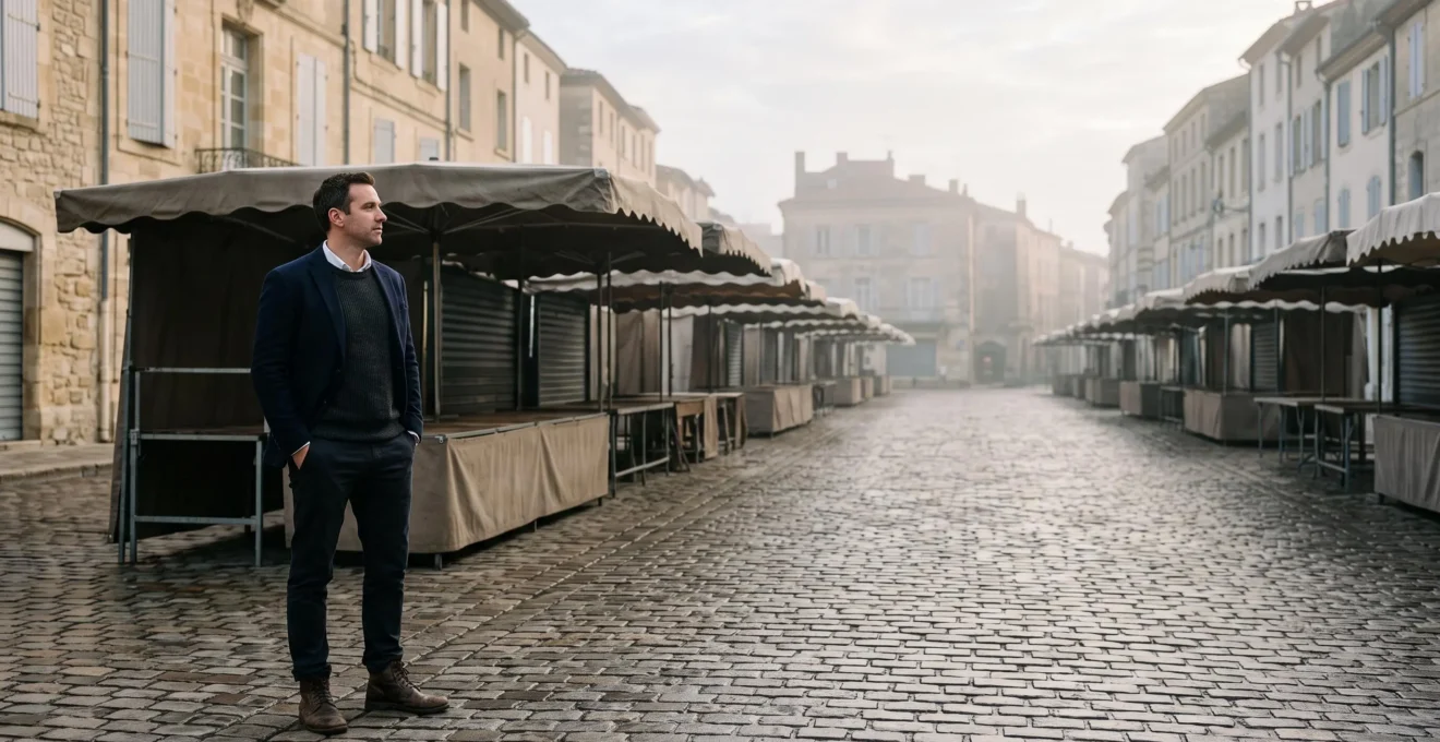 Entrepreneur solitaire observant à l'aube une place de marché française encore vide, symbole du lancement sans validation préalable de la demande