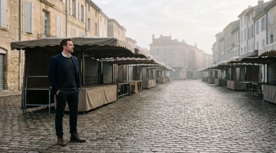 Entrepreneur solitaire observant à l'aube une place de marché française encore vide, symbole du lancement sans validation préalable de la demande