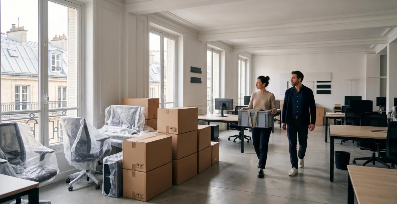 Vue large et épurée d'un open space de bureaux français en transition, cartons de déménagement organisés et lumière naturelle traversant de grandes baies vitrées de style haussmannien