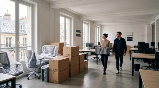 Vue large et épurée d'un open space de bureaux français en transition, cartons de déménagement organisés et lumière naturelle traversant de grandes baies vitrées de style haussmannien