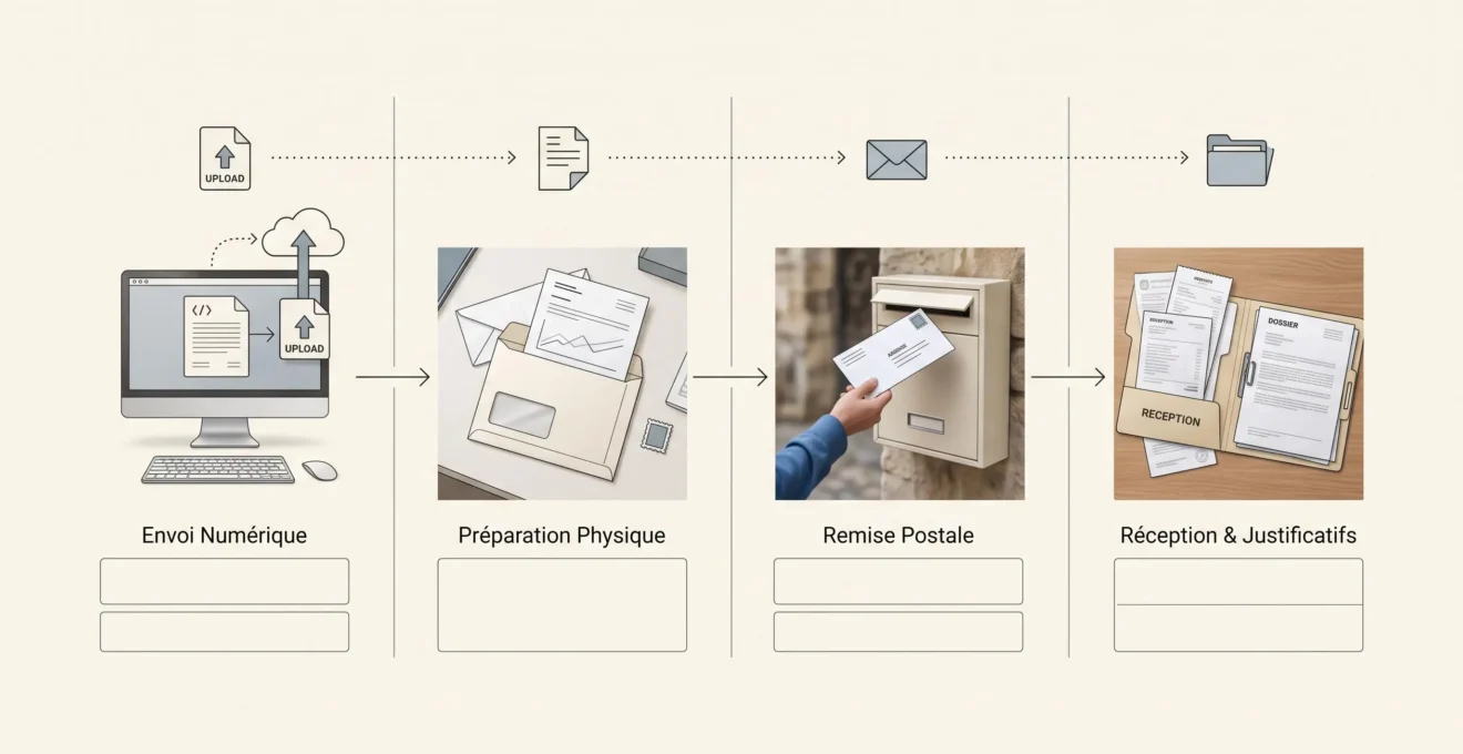 Schéma des étapes entre saisie numérique, traitement postal, dépôt et réception d’un recommandé