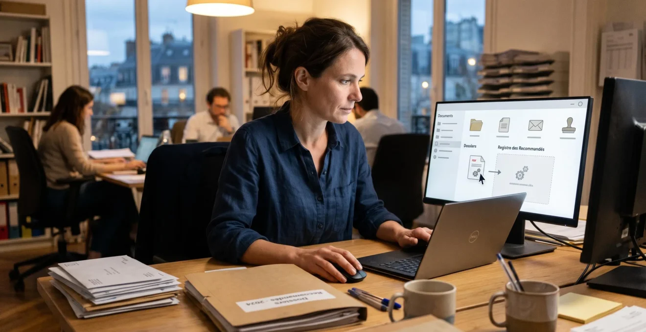Gestionnaire déposant un courrier recommandé depuis un portail professionnel sur un ordinateur