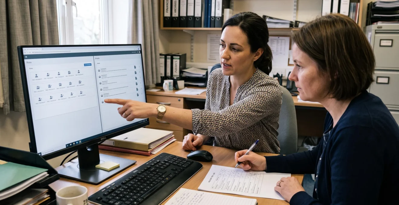 Deux gestionnaires vérifiant des permissions utilisateur et la récupération des preuves sur un portail fictif